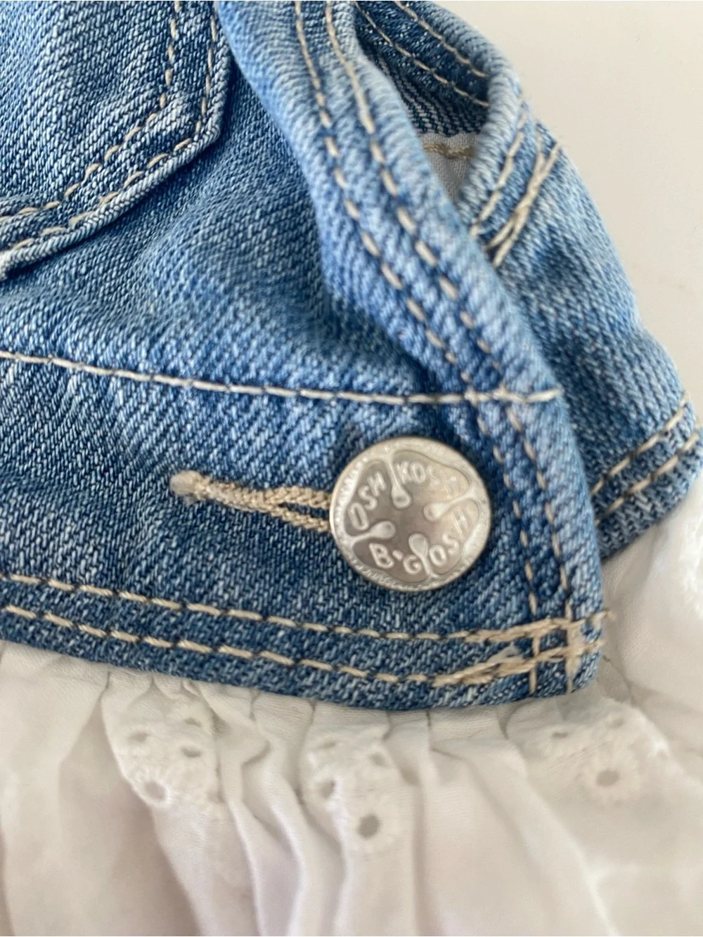 OshKosh B'gosh Denim Jumper Overall White Eyelet Lace Dress 6M